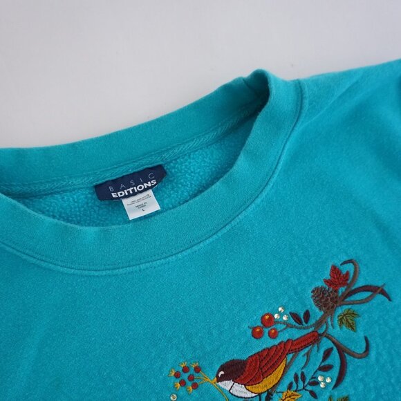 Basic Editions Teal Embroidered Birds Crewneck Sweater L - Picture 10 of 11